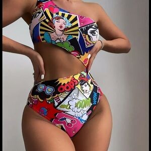 One-Shoulder Pop Art Print High-Waist Bikini Set